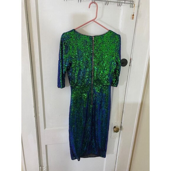 Belle Pogue Women's Green Sequin Short Sleeve Midi Cocktail Dress - Medium - Picture 3 of 12